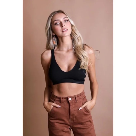 Black Seamless Front Solid Lace Racerback Bralette Women's Bra - Picture 4 of 4